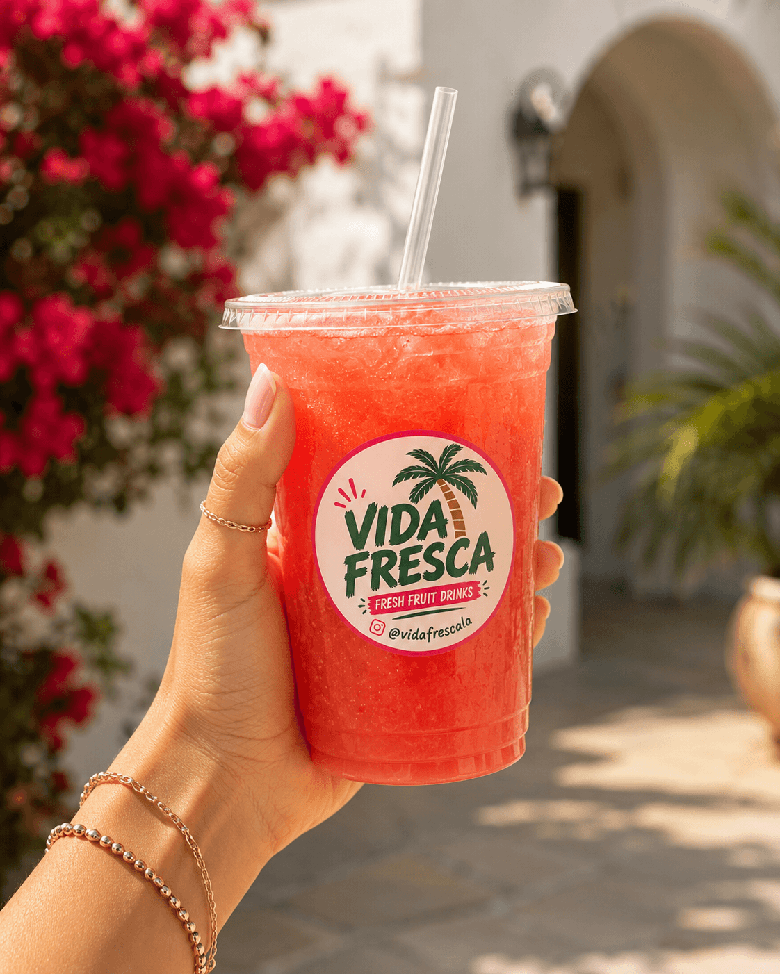 Vida Fresca drink in an LA courtyard